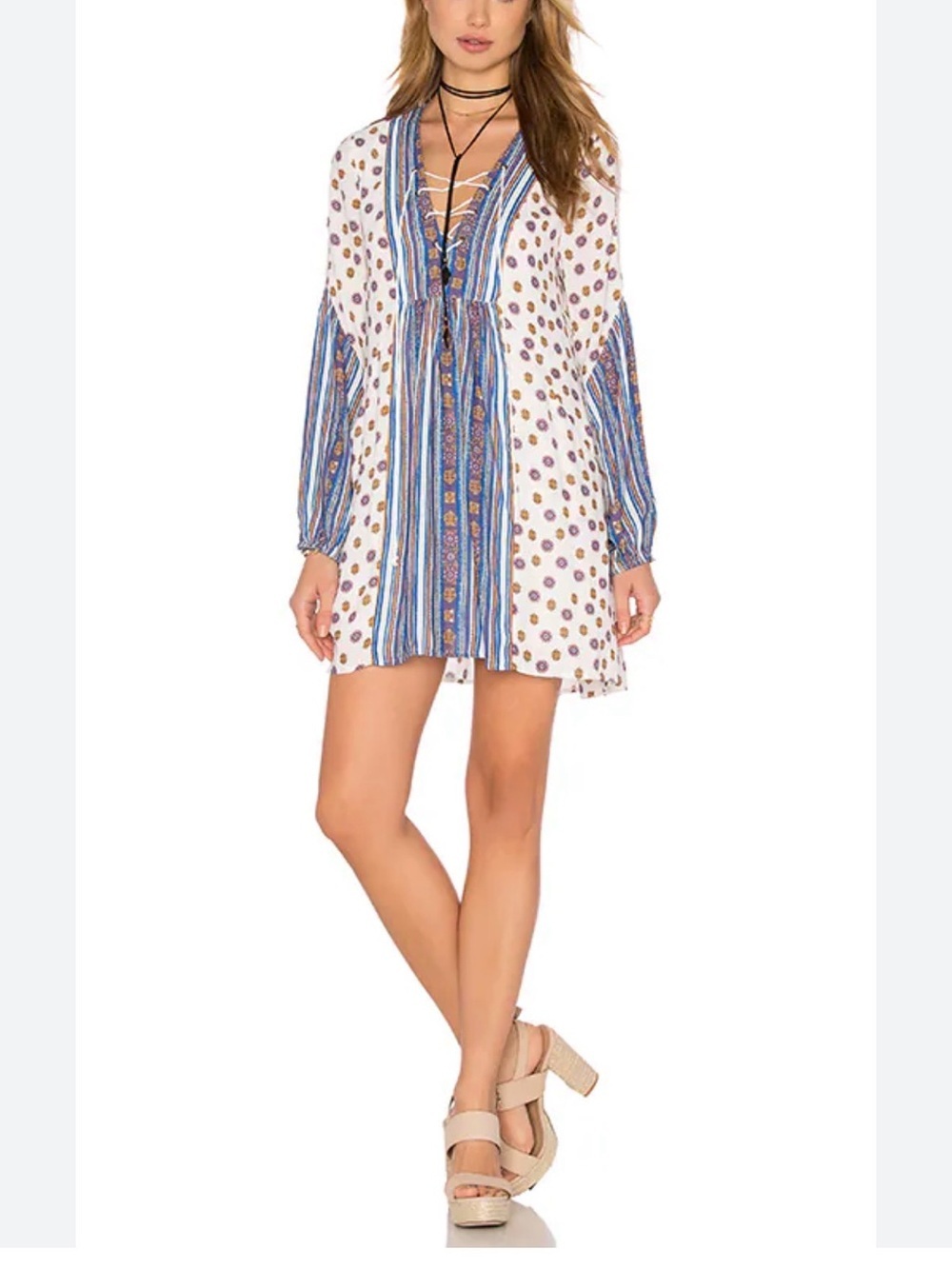Free People Rain Shine Printed Lace-Up Swing Dress size small